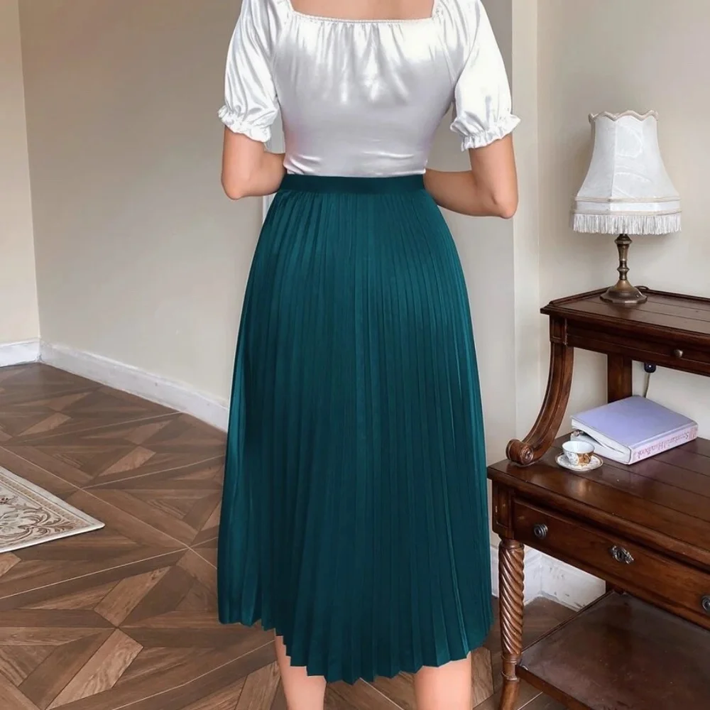 Classic Pleated Satin Evening Midi Skirt - Picture 4 of 10